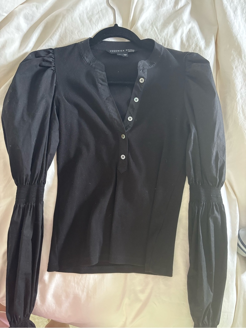 Veronica Beard Black Puff-Sleeve Henley Blouse